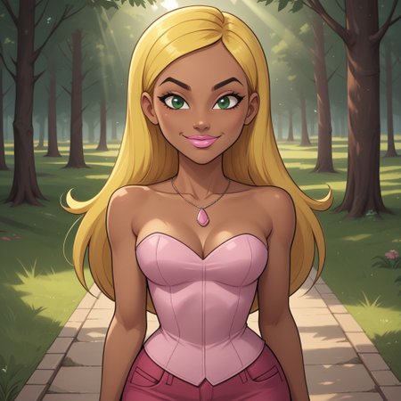 score_9, score_8, BREAK, solo, total drama, 1girl, blonde hair, long hair, dark skin, dark skin female, light pink corset, necklace, green eyes, pointy nose, lips, pink lips, pink jeans, light pink slippers, black eyebrows, lipstick, Dakota_(\Total_Drama\), tdroti, cute, attractive, gorgeous, sexy pose, smile, outdoors, sunlight, shadows, evening lighting, natural lighting, forest, trees, grass, orange sky, sunset
