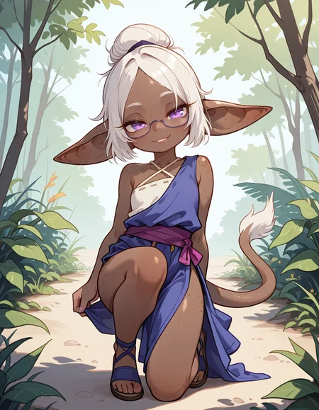 masterpiece, best quality, very aesthetic, absurdres,
outdoors,
full body, seductive smile, parted lips, long eyelashes,
 <lora:Gobi_v01_NAIXL:1>
G0b1,1girl,solo,goblin girl,dark-skinned female,pointy ears,short hair,white hair,single hair bun,ponytail,purple eyes,semi-rimless eyewear,freckles,colored skin,tail,