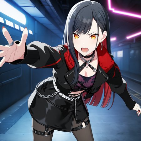 1girl, shiraishi an, project sekai, masterpiece, best quality, very aesthetic, absurdres, official art, 
duel of revolt, (straight hair, black hair:1.4),  long hair,  (blunt bangs:1.2), orange eyes, (red inner colored hair:1.2),
(looking at viewer:1.2), serious, shouting, open mouth, teeth, standing, (leaning forward:1.2), face focus, portrait, reaching towards viewer, (legs apart:1.2), cleavage, BREAK
earrings, black pencil skirt, earrings, black jacket, black pantyhose, belt, leather, red nails, black choker, red fur collar, nail polish, sleeves past wrists, chain, thigh strap, open jacket, necklace, ring, shirt, miniskirt, collarbone, navel,
dark, dark atmosphere, indoors, under the elevated highway, under ground, neon light, cyber punk,
<lora:sdxl-vbs-DuelofRevolt04:0.9:lbw=0,0,0.2,0.2,0,0.4,0.4,0,0.8,0.8,0,0,0,0.8,0.8,0.6,0.8,0.0,0.0,0.0,0,0,0,0,0,0>