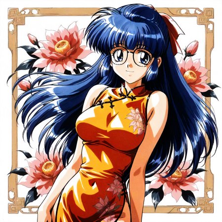 <lora:RC_maria_custardXLanimagine001>,
masterpiece,high score,great score,absurdres,
flower background,glitter,
smile,
looking at viewer,
solo,
anime coloring,retro artstyle,1990s (style),
maria_custard\(rance_series\),1girl,blue hair,half updo,hair ribbon,long hair,blue eyes,glasses,
cowboy shot,standing,
print_cheongsam,