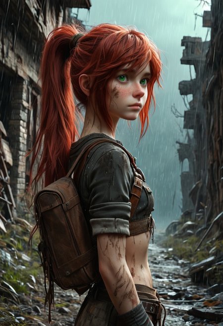 score_9, score_8_up, score_7_up,  1woman,  Masterpiece, 4k, ultra high detail, 21yo, small_breast_size, long red ponytail hair, fcNeg, stunning green eyes, freckles, white skin, small nose, innocent beauty, slim cute face,  skinny body, red hair, 
Alerted look, dry tears, dirty clothes, dirty face, 
 particles, lightbrown_full_body_wild_leather_suit, 
Dark sky with stormclouds, ash, raining Ash like dark snow, ruins, wasteland, cityruins, tribal_native_clothes,
End of the World, 
negative_hand, NightScapes, ng_deepnegative_v1_75t,