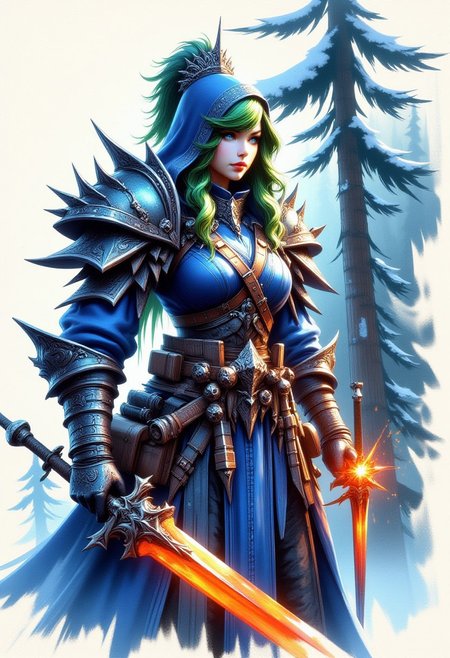 FFAOR, inksketch, 1woman, Frost Blue armor, sky blue eyes, orange glowing sword, cherry red lips, pine green hair, beautiful