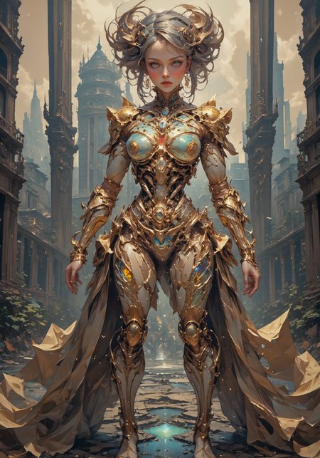 cyborg bride with visualization of all internal details. Gold, crystals, chrome, glitter, on the background of futuristic city.hyperdetailed, intricate , sharp, clear, HDR, high quality , HD, octane render, impressive, vibrant, Refined, perfect, best, contest winner.luxury, wonderful, superb, magical, mesmerizing, enchanting 
 <lora:DarksunRIDDV3:0.6> <lora:flux_hyperkraximalism-crazy:0.6> <lora:Midjourney_-_SemiReal_Dreams_FLUX_LoRA:0.6> <lora:CPA:0.6> <lora:BLUE_mk4_angel_FLUX_01:0.6> <lora:BioInk2FLUX:0.6>