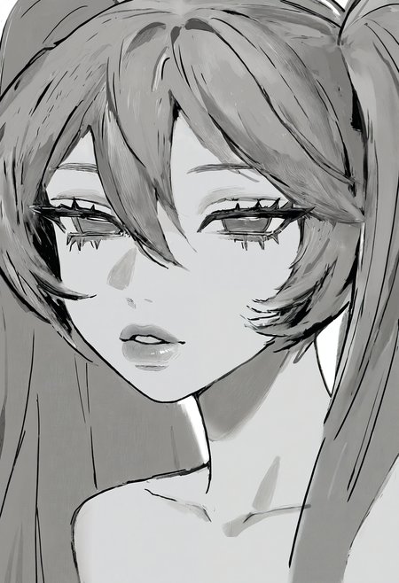 <lora:eXZvdG9ybw==-noobaiXLNAIXL_epsilonPred_V110_V1-CAME>, eXZv, hatsune miku, 1girl, greyscale, monochrome, solo, parted lips, hair between eyes, portrait, eyelashes, close-up, long hair, lips, long eyelashes, collarbone, half-closed eyes, twintails, looking at viewer, expressionless
