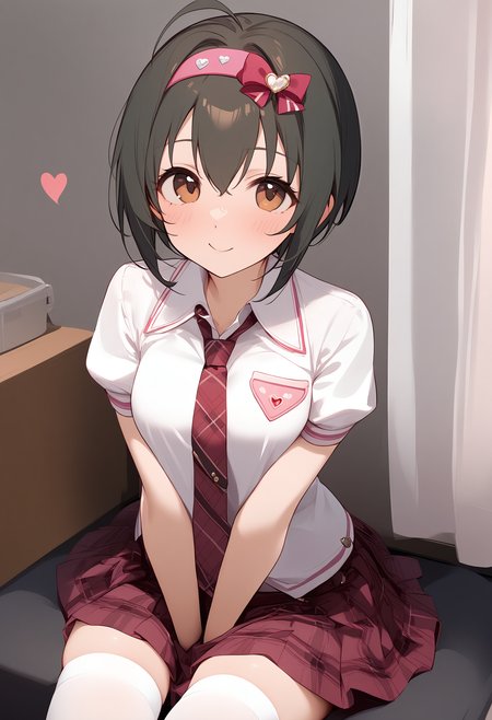 1girl,blush,kohinata miho,necktie,pink hairband,skirt,smile,solo,hair bow,looking at viewer,white thighhighs,heart,zettai ryouiki,<lora:a31_char_new_kohinata_miho-000024:1>masterpiece, best quality, absurdres<lora:a31_style_koni-000010:0.8>