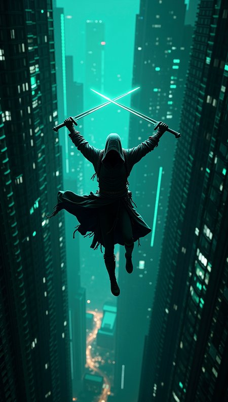 photorealistic image of a mysterious cyber assassin, parkour,  mid-leap between two towering digital skyscrapers, sword raised high, cloaked in dark tattered robes, intricate glowing green and blue grid cityscape in the background, cyberpunk aesthetic, ultra-high-definition textures, cinematic composition, dynamic motion, intense contrasts, highly detailed and accurate portrayal, photorealistic rendering, action-packed atmosphere, digital world at midnight, neon lights, motion blur, vivid colors.


cinematic scene, cinematic lighting, intricate detail skin and facial texture, lifelike expression, accurate character design, extremely complex dynamic pose, interesting and complex background details, intricate vegetation details, perfect hands and fingers, correct body anatomy, complex realism,


 














