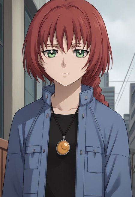 score_9, score_8_up, source_anime, highly detailed, 
suou, 1girl, solo, red hair, green eyes, jewelry, anime coloring, necklace, 
long hair, braid, single braid, jacket, blue jacket, pendant, upper body, bored,
outdoor, looking at viewer,