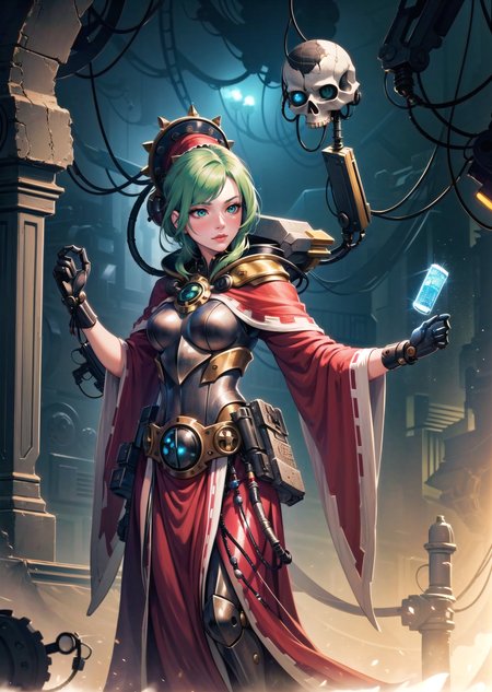 (1girl, light green hair short hair folded ponytail, blind eyes, , nose blush) (digital) ( dynamic pose in detailed shop, (skull, tube, science fiction, extra arms, hood, robe, glowing eyes, mechanical arms, steampunk, armor)) , best quality, <lora:boldline:0.2>  <lora:hairdetailer:0.2> techpriest <lora:techpriest:1>