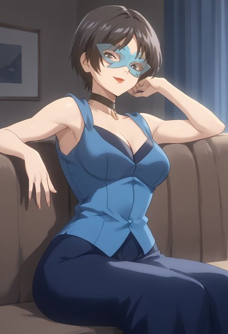 score_9, score_8_up, score_7_up,at room, indoor, moonlight,night view, richlady, black eyes,female, mask, black hair, red lips, collar, blue clothing, dress,sitting,smirk