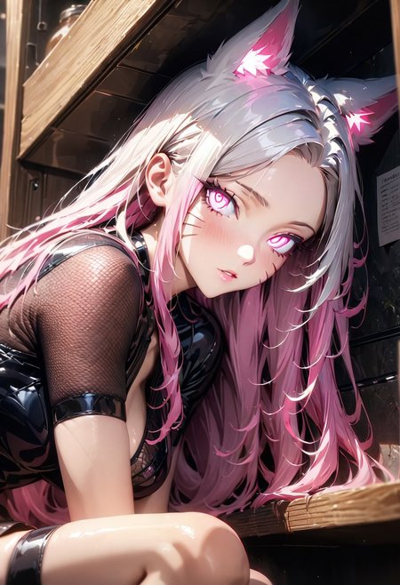 masterpiece, beatiful lips, best quality, high quality, amazing composition, cinematic, (masterpiece), (best quality), (ultra-detailed), very aesthetic, perfect composition, intricate details, absurdres, (anime, masterpiece, intricate:1.3), (best quality, hires textures, high detail:1.2), ((high end)),(UHD picture),(vivid),((life like)),(crystal clear), 
(photo realistic),((bestquality fingertip)),((beautifully detailed face)),((beautifully detailed body line)),(beautiful detailed hair),((sexy)),{perfect anatomy},intricate,(highly detailed), perfecteyes,
Settings;  (in the locker room), (dim light),
Character;(1girl, kda_ahri, from front, seductive),(nine fox tails), (multicolored hair:), (white hair), (pink hair), (long hair), (whiskers), (glowing eyes1.3),
composition; (close up), (looking for viewer), (sitting),