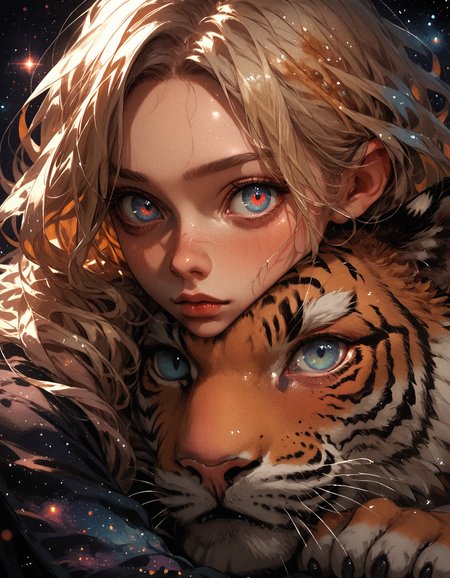 score_9, score_8_up, score_7_up, score_6_up, score_5_up, score_4_up,  girl and a tiger, black tiger, girl has blonde hair and blue eyes, tiger red eyes, small eyes, galaxy, cosmic horror, black background