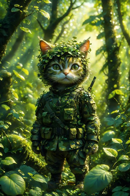 A surreal and dreamy scene featuring a small cat soldier dressed in green camouflage gear, skillfully camouflaged and hiding within a dense forest. The forest is lush and vibrant, with an ethereal glow filtering through the trees, creating a magical and whimsical atmosphere. The details are hyper-realistic, capturing the textures of the cat's fur, the camouflage uniform, and the foliage of the forest.
small cat soldier, green camouflage gear, hiding in dense forest, lush and vibrant, ethereal glow, magical atmosphere, hyper-realistic, intricate textures, surreal, dreamy, whimsical, fantastical, detailed environment.
<lora:add-detail-xl:1.0>,
<lora:EnvyBetterHiresFixXL01:1.0>,
<lora:extremely_detailed:1.0>, extremely detailed,
<lora:EldritchMixIllustration_1.1:0.6>,
<lora:xl_floating:0.8> floating island, surreal,
<lora:Regiiinas_plant_style:1> plantstyle,