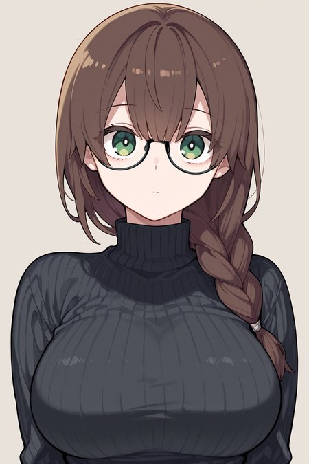 {{masterpiece,best quality,amazing quality}},
BREAK
1girl, solo, portrait, upper body, looking at viewer, simple background, brown hair, bangs, single braid over shoulder, black glasses, expressionless, green eyes, large breasts, black sweater, ribbed sweater, turtleneck
 <lora:Kishida_Koara_Style:1>