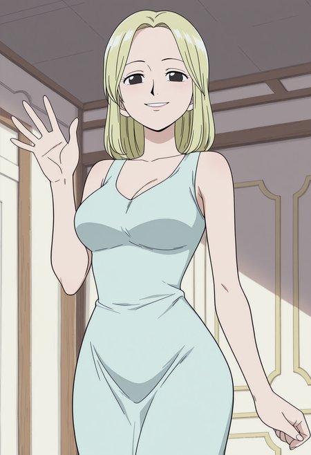 1girl,solo,mm,mature female,blonde hair,black eyes,breasts,anime coloring,
dress,cowboy shot, waving, looking at viewer, smile,parted lips, indoors
,masterpiece,best quality,amazing quality,<lora:Kaya-One_Piece:0.8>