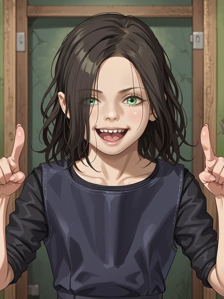 realistic, 1girl, source_anime, score_9, <lora:zPDXL3:0.8> <lora:Pony_DetailV2.0:0.85> asymmetrical
darkness, nighttime, <lora:Based Eveline:1> sevenline, laughing, pointing
 <lora:CSPNY1:1>