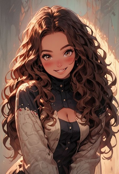 score_9, score_8_up, score_7_up,  1cute girl, wavy hair, (Brown hair), long hair, forehead, ring earings, Black chocker, eyelashes, button nose, brown eyes, blush, smile, round face, fat face, button nose, plump, side part, standing detailed skin texture, medium breasts, cleavage,wide hips, 
concept art, cell shading, masterpiece, 
detailed face, beautiful, provocative, GothMnPDXL
