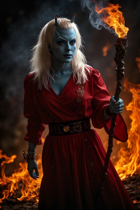 A hyper-realistic portrait, photorealistic photo close-up image of  A tall, slender andorian with flowing white hair and blue skin stands in the heart of a blazing inferno. Her sharp, angular features are illuminated by the flickering light of the fire surrounding her. Her eyes glow an eerie shade of amber, reflecting the chaos that rages around her. Smoke curls around her like a living thing, mingling with the long, dark red robes that billow in the heat. The fabric is embroidered with ancient runes, glowing faintly as she channels elemental magic. In her hand, she wields a staff made of twisted, blackened wood, its top adorned with a glowing ember that pulses with power. Flames dance at her feet, yet she remains untouched by their heat, her expression one of calm control. Her pale skin contrasts sharply with the fiery backdrop, adding an ethereal quality to her presence. As the firestorm rages around her, she raises her staff, calling forth even greater flames to bend to her will. (photography, high-resolution, dynamic, energetic,hyper-realistic, dramatic lighting, shallow depth of field.), detailmaximizer, MythP0rt<lora:midjourney_whisper_flux_lora_v01:0.55><lora:aidmaMJ6.1-FLUX-V0.1:0.4><lora:FluxMythP0rtr4itStyle:0.4><lora:detailed_flux_ntc:2.2><lora:aidmaImageUpgrader-FLUX-V0.1:0.65><lora:andorian_FLUX>