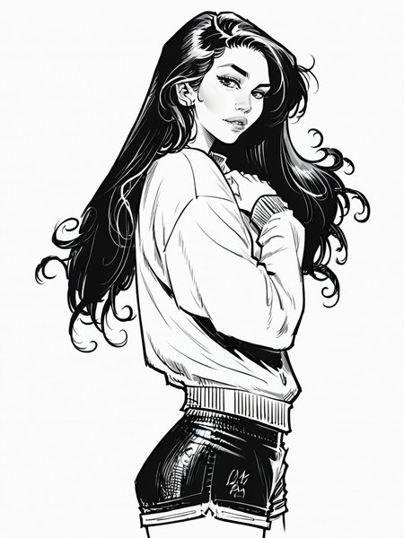 score_9, score_8_up, score_7_up, score_6_up, score_5_up,  <lora:CSXLP:1> cs, monochrome, 1girl, solo, long hair, shorts, looking at viewer, short shorts, cowboy shot, sweater, signature, dated, from side, parted lips, lips