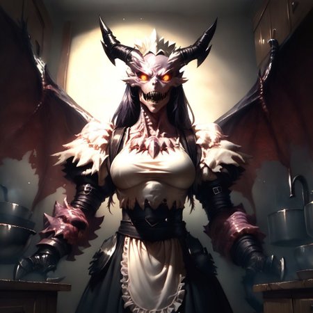 score_9, score_8_up, score_7_up,source_anime,bosstyle,a giant dexdoru maid boss wearing a maid dress with dexdoru wings and horns looming over the viewer in the middle of a kitchen,epic,horror,1girl,solo