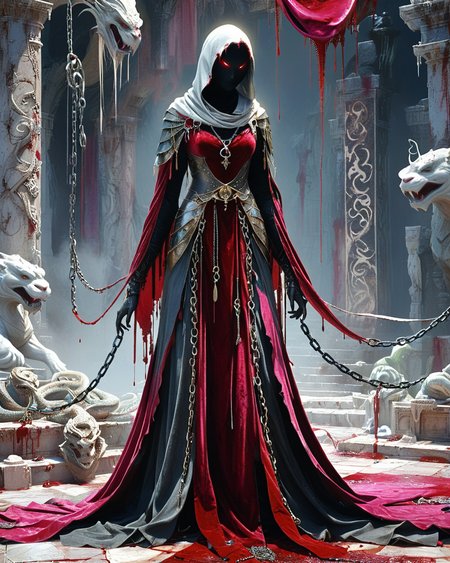 demon, hooded human sorcerer standing outdoors, raised dais, marble, sculptures, volumetric lighting, velvet robe, intense color, high contrast, corpses on the ground, blood dripping, chains, dungeon, giant serpent, partially clad beautiful princess,  warrior hero trying to rescue princess, <lora:add-detail-xl:1.0>,  <lora:xl_more_art-full_v1:0.4>,   <lora:XSfenlie:1> fenliexl,  <lora:lora:1>, realistic photo