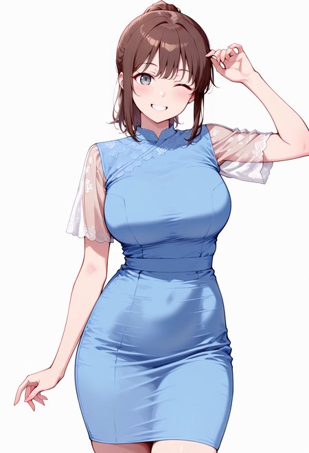 masterpiece, best quality, amazing quality, simple background,((outlined outlined vector graphics)),  simple background,  white background,
 ,  looking at viewer ,cowboy shot, front view ,  looking away 
1girl, 20yo, brown hair, gray eyes, (large breast:1.1), (ponytail:1.1), medium hair,(curvy:1.1),bangs , cute face, smile , grin , wink ,
pure-kyaba-dress, short sleeve dress ,blue dress, see-through sleeves, see-through dress <lora:pure-kyaba-dress-il-01:1.0>