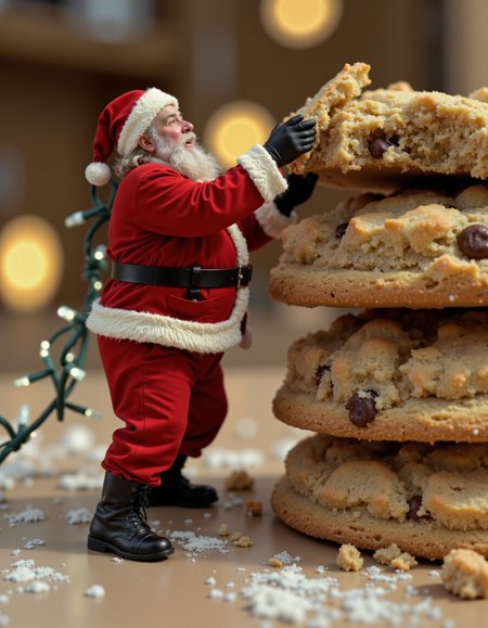A miniature Santa Claus struggling to climb up a giant stack of Christmas cookies, with crumbs scattered all around him. His red suit is a bit disheveled, and his tiny black boots are slipping as he tries to get a better grip on the cookie tower. In one hand, he's holding onto a string of twinkling fairy lights that have tangled around his hat, while the other hand reaches out for a cookie that's just out of his grasp. The scene captures Santa's determined but comical effort, with his beard fluffing up from the struggle and an expression of playful frustration on his face. The warm glow of Christmas lights in the background adds to the festive, lighthearted chaos.