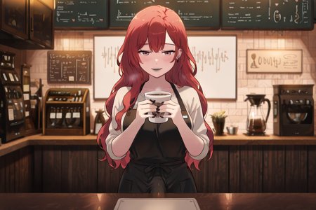 masterpiece, score_9, score_8_up, score_7_up, highly detailed, ultra-detailed, cinematic lighting, soft warm glow, cozy atmosphere,  
1futa, long red hair, vibrant red hair, wavy hair, nose piercing, ear piercings, silver jewelry, barista, coffee shop worker, wearing apron, stylish casual outfit, warm smile, friendly expression, black nail polish, black lipstick, blushing,
behind the counter, holding a coffee cup, steaming coffee, rustic wooden counter, espresso machine, chalkboard menu in the background, café ambiance, soft blurred background, warm color palette, inviting atmosphere, <lora:DownbulgeIL:0.6> ,down_bulge,  <lora:Kamuo:1>, Kamuoo,  <lora:NOOB_vp1_detailer_by_volnovik_v1:1>, <lora:add-detail-xl:1> ,<lora:SkindentationIL3.4_alpha16.0_rank32_full_400steps:3>,
