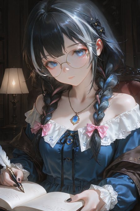 masterpiece,best quality,1girl, solo, book, holding, twin braids, braid, dress, glasses, bow, open book, looking at viewer, jewelry, blue eyes, black hair, long hair, hair bow, necklace, bangs, holding book, cape, streaked hair, multicolored hair, round eyewear, long sleeves, quill, blue dress, pen, black nails, closed mouth, pink bow, nail polish, off shoulder, ribbon,<lora:Dark_Fantasy_anime:0.7>,dark,eerie,dark fantasy,moody,<lora:dilanshengxue-waiNSFWIllustriousv12-v1.5:0.3>,dilanshengxue,cinematic lighting,<lora:nyalia:0.3>,