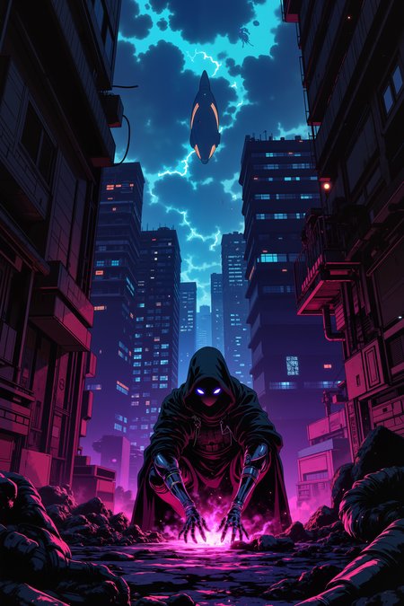 ne0nfant4sy, In a dark, neon-lit alleyway in a dystopian megacity, a rogue with glowing violet eyes and sleek, cybernetic limbs crouches over the unconscious body of a security drone, his hand crackling with a strange blend of magic and tech as he hacks into its core. The buildings around him are a chaotic mix of towering skyscrapers made of sleek steel and crumbling ruins covered in ancient, faded glyphs. Holographic advertisements flicker above, displaying magical artifacts alongside cybernetic enhancements, while the faint hum of an arcane barrier buzzes in the distance, separating the wealthy districts from the slums. The rogueâs black cloak shimmers faintly with enchantments designed to mask his presence from both tech-based scanners and magical wards. Above, the sky is a swirling mass of dark clouds pierced by beams of light from floating platforms, while below, a low hum vibrates through the ground as a massive airship passes overhead. The air is thick with the smell of ozone and the faint scent of something otherworldly, as the rogue finishes his hack, triggering a silent explosion of energy that takes out the nearby drones. The scene is a perfect blend of magic-infused stealth and high-tech sabotage in a world where ancient spells and futuristic systems coexist uneasily.<lora:RetroAnimeFluxV1:0.5><lora:NeonFantasyFLUX:0.3>