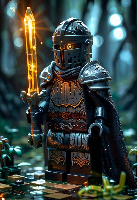 Close up shot of a fantasy black Lego knight, wearing torned linen clothes and a shiny armor beneath, wielding a glowing magic staff in darkness, staff with veil of light, swamp background, Lknight, HD, masterpiece, best quality, hyper detailed, ultra detailed, super realistic