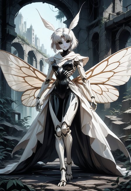 score_9, score_8_up, score_7_up, score_6_up, score_5_up, score_4_up, 
source_furry, rating_explicit, 
solo, female, 
brown and white body, fur, grey fur, fluffy, furred body,
pmg style,
short hair, white hair,
anthro, 
arthropod, insect, arthropod abdomen, black eyes, exoskeleton, joints
moth, lepidopteran, lepidopteran wings,
4 wings, multi wing, wings, 
2 antennae, antennae anatomy,
2 toes, toes, feet, digitigrade,
4 arms, 5 fingers, fingers, multi arm, 
smile, pose,
 ruins,
detailed background, digital art, hi res, detailed, fantasy art,
Vintage, 1990s \(style\), 90s4n1m3, retro artstyle