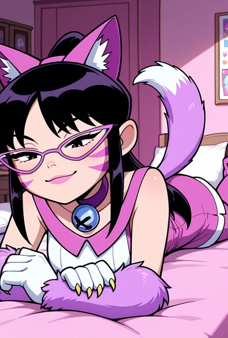 <lora:nyancychan-10:1> nyancychan, black hair, 1girl, long hair, cat ears, purple glasses,  claws, gloves, neck bell, purple choker, whisker markings, ponytail, pink pants, short dress, sleeveless, sharp canines, pink lipstick, expressive, facial expression,(( cartoon, screencap)), half closed eyes, seductive look, prone, smiling, purple cat tail, girly bedroom, pink bedroom theme,, masterpiece, best quality, amazing quality, very aesthetic, absurdres, newest,