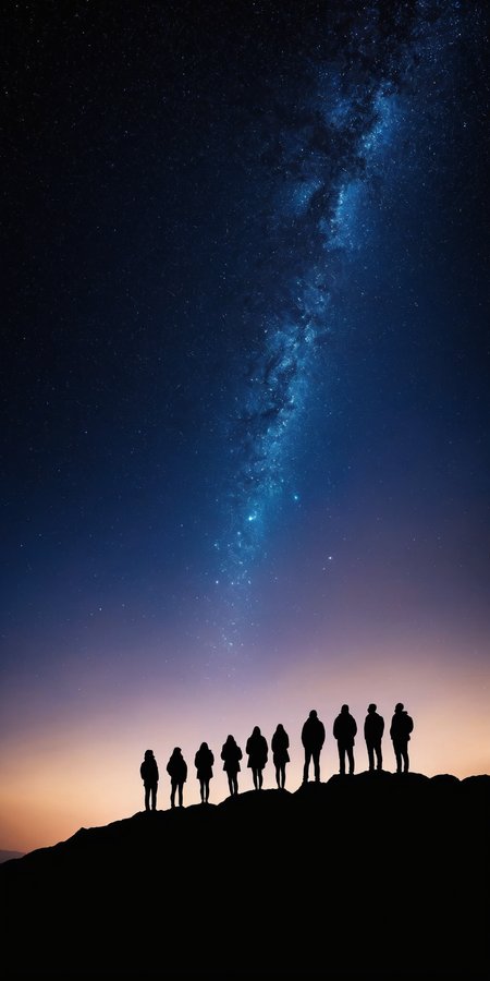 <lora:HMSGåªå½±XL-000001:0.8>,Group of people standing,silhouette,mountain top,starry night sky,mysterious,majestic,surrealism style,high contrast,high definition photography,black and deep blue colors,