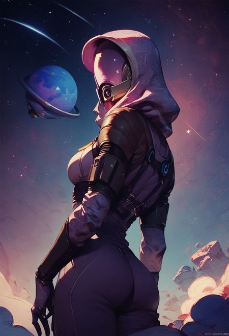 score_9, score_8_up, score_7_up, score_6_up,  
1girl,  HD, solo, tali, (tali'zorah), looking back at viewer, helmet, no face, 
space background, stars, planet with rings
