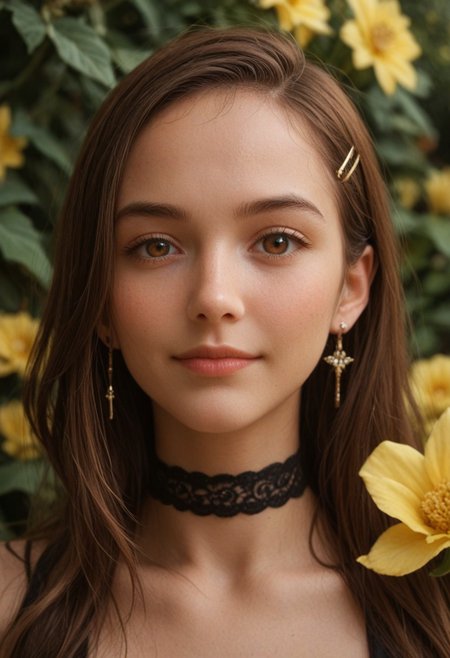 score_9_up, score_8_up, score_7_up, score_6_up, 1girl, 25 years old, perfect face, (adult), sexy, 
detailed face, blush, shy smile, portrait, face focus, depth of field, looking at viewer, close up,   
brown eyes,
brown hair, swept bangs, hair ornament, hairclip, black choker, 
earrings, 
garden, yellow flowers,