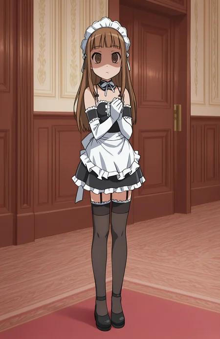 <lora:anatomy_helper:0.8> 1girl, solo, <lora:KoWaGo-IL:0.8> himm,
<lora:BekBry:0.6> bekbry, brown eyes, brown hair, long hair, blunt bangs, petite,
koremaid, bare shoulders, elbow gloves, white gloves, detached collar, arm garter, garter straps, spaghetti strap, black thighhighs, frilled thighhighs, maid headdress, black footwear,
indoors, mansion, fancy, expressionless, emotionless_sex, @_@, spiral-only eyes, blank_stare, spiral,drool,,Shielding face with hands, extremely detailed, highres, masterpiece, best quality