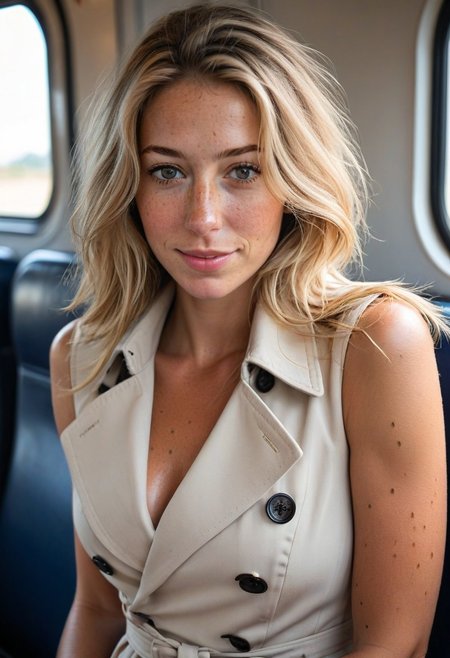 37yo busty girl, sit on train, freckles, blonde hair, detailed eyes, shy smile, trench buttoned dress