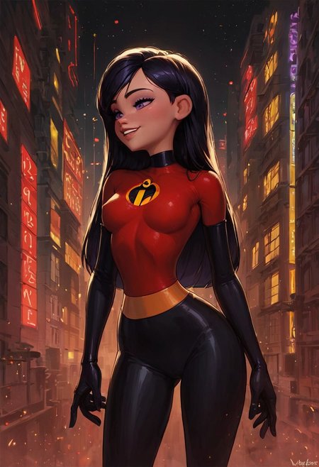 score_9, score_8_up, score_8, rating_safe, 1girl, beautiful 18yo girl, sexy, cute, (Violet Parr \(The Incredibles\), violetparr, dark hair), bodysuit, perky breasts, small breasts, sexy ass, smiling, happy, g0thicPXL, glowing, neon, Expressiveh, city rooftop