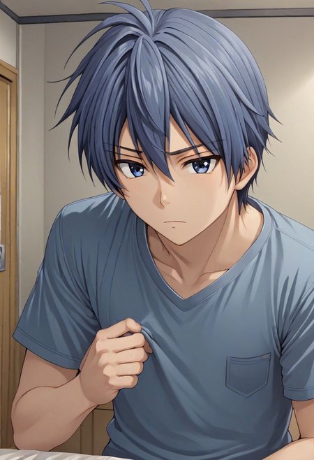 high resolution, solo, best quality, 1Boy, Tomoya Okazaki, Grey Blue Hair, kabedon POV, T-Shirt, OverallDetail