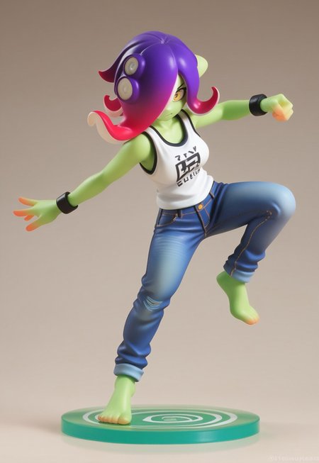 safe_pos, zPDXL3, score_9, score_8_up, score_7_up, score_6_up, score_5_up, score_4_up,
1girl, solo, medium breasts,

fighting stance,

jeans, tank top,

display case, figure, (figure stand:1.4),

splat-acht, green skin, gradient hair, purple hair, suction cups,