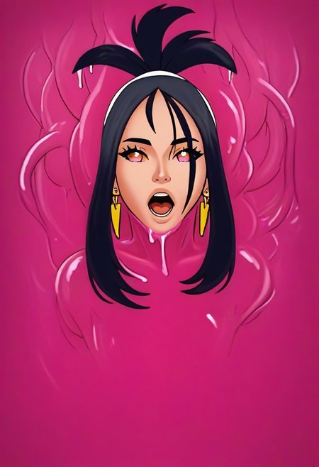 score_9, score_8_up, score_7_up, score_6_up, raw, realisitc, photo, perfect eyes, cartoon, pink tentacles, 1girl, short hair, earrings, hairband,Pkmndendra, black hair, orange eyes, <lora:DGVirus:0.7>, ((deep pink cable)), slime, pink slime,
shiny skin, pink sclera, open mouth,
BREAK tentacle wall background,