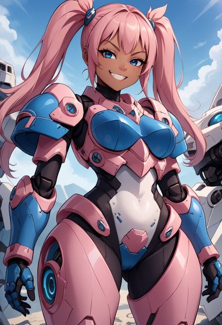 , looking  at viewer, dark skin, pink hair, twin tails, blue eyes, mech armor, smug, smiling, body shot