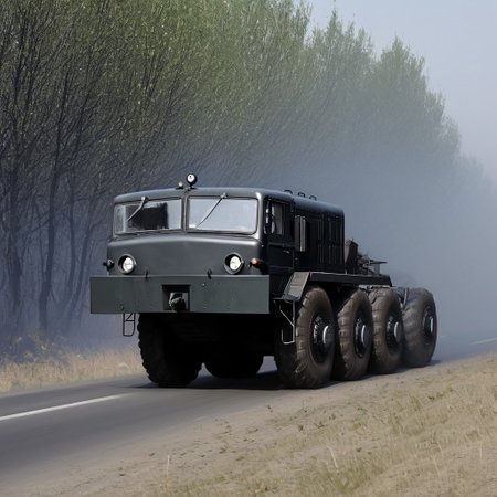 MAZ-537 Drives through the black bush, without raising a cloud of black dust, a large body behind the cabin.
side view