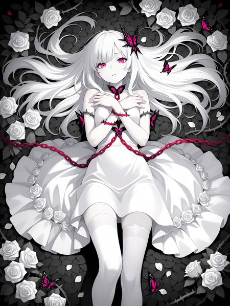 1girl, solo, long hair, looking at viewer, bangs, thighhighs, dress, bare shoulders, pink eyes, flower, white hair, lying, parted lips, white dress, white thighhighs, rose, red chain, leaf, bug, white flower, butterfly, pale skin, white rose, on back, petals, spot color, hair spread out, hair ornament, thorns, vines, from above, hands on own arms, detailed eyes, beautiful, perfect hands, detailed background
,masterpiece,best quality,amazing quality,