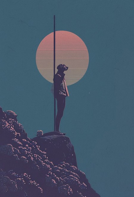 carefree youth, standing at the edge of a cliff, gazing skyward, small bundle on a stick over shoulder, playful dog at his heels, bright sun, colorful flowers blooming
 <lora:novuschroma28 style:.6> novuschroma28 style