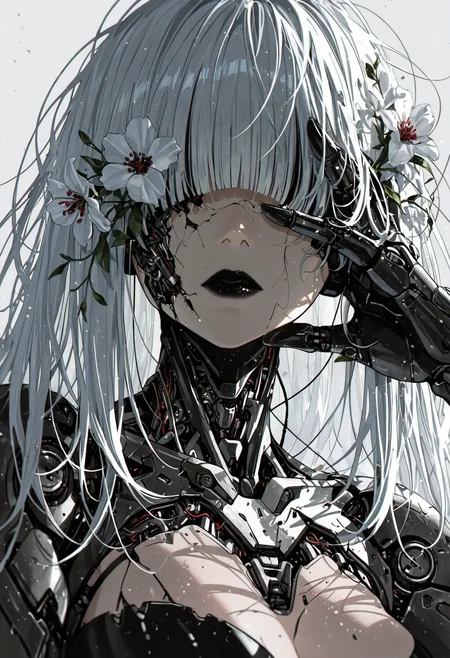adult,
1woman,
(masterpiece:1.2), (best quality:1.2), (very aesthetic:1.2), (absurdres:1.2), absurdres, incredibly absurdres, depth of field, flowers, cyborg, wires, broken, white hair, messy hair, hair covering eyes, hair over eyes, blunt bangs, black lipstick, robot
<lora:DRKWB:0.4>