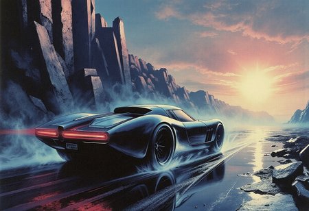 A mesmerizing, cinematic science-fantasy illustration capturing an epic moment suspended in time — a high-performance retrofuturistic car streaks across a surreal crystal wasteland, where jagged crystalline formations from the fractured ground. Each prism-like spire reflects the sky's electric hues, scattering radiant beams in every direction.Directional light from a rising sun floods the scene with stark contrast, painting long shadows across the terrain and illuminating swirling morning mist that clings low to the ground. Light refracts through both crystals and fog, forming glittering particles suspended midair.The composition captures a dramatic close-up of the car, its body gleaming with polished chrome and iridescent energy, reflecting a kaleidoscope of colors — purples, oranges, cold cyans — that shimmer like oil on water. Its aerodynamic silhouette is tense, as if coiled to pierce through time itself. Beneath, the road dissolves into speed lines, adding an intense sense of velocity and purpose. Every element — from light, to texture, to motion — contributes to a powerful sense of driven transcendence, as if this vehicle races not just across land, but across dimensions.High resolution, hyperdetailed, infused with glowing effects, surreal contrasts, motion blur, and emotional depth. A visually arresting masterpiece inspired by the styles of Paul Chadeisson, Simon Stålenhag, and Syd Mead. A poetic and awe-inspiring tribute to speed, isolation, and cosmic destiny.