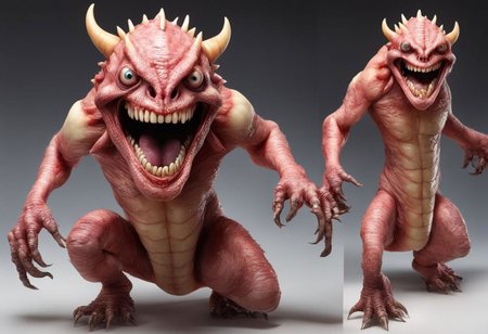 masterpiece, best quality, awsome details, smal fragile monster, skin like flesh  no nose, 3 tongues, 3 eyes, shapre long stick out teeth