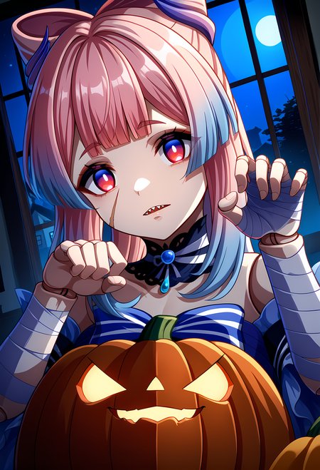 score_9, score_6_up, source_anime,
sango, sangonomiya_kokomi, pink_hair, long_hair, bow-shaped_hair, multicolored_hair, blue_hair, gradient_hair, hair_ornament, vision_\(genshin_impact\),
mummy costume, bandages, halloween costume, bandaged arm, zombie pose, bandage on face, doll joints,
horror \(theme\), scar, scar on face, blank stare, staring, red eyes, glowing eyes, shiny skin, facing viewer, looking at viewer, head tilt, sharp teeth, pumpkin,
night, window, window fog,
from above, upper body, (close-up:1.1), dutch angle,
<lora:mummy-costume-ponyxl-lora-nochekaiser:1> <lora:doll_joints_v0.1-pony:1> <lora:sangonomiya_kokomi_pony_ss:0.2>