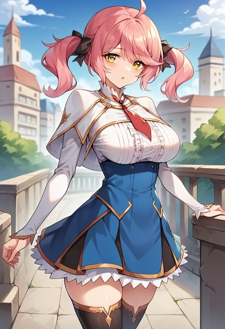 score_9, score_8_up, score_7_up, source_anime, masterpiece, 1girl, ctianph1l, pink hair, yellow eyes, white capelet, large breasts, underbust, blue skirt, frilled skirt, center frills, black thighhighs, red necktie, outdoors, city, sunny, day, depth of field, looking at viewer,   <lora:Philuffy_Aingram_pony_ct:0.9>